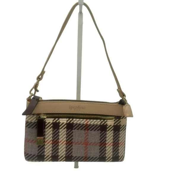 Spartina 449 Wymberly Plaid Clutch Wristlet Purse Tan Gray Leather Material - Picture 1 of 8